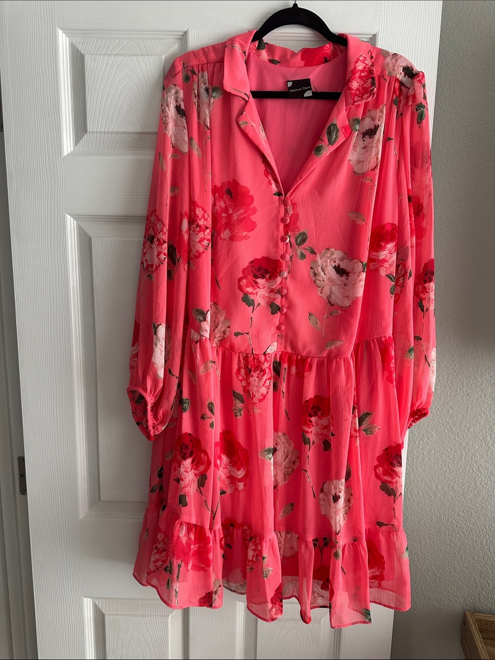 Maison Tara Coral Pink Floral Long Sleeve Tiered Dress